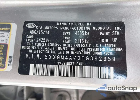 2015 Kia Optima Lx z USA, uszkodzony, nr VIN 5XXGM4A70FG392359